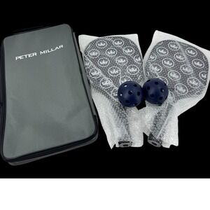 Peter Millar Pickleball Set 2 Paddles 2 Balls Grey Carrying Case Navy Crown NWT
